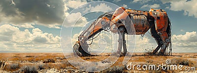 Ingenious animal-inspired creation: a horse-like orange machine digging in field. Stock Photo