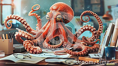 Ingenious octopus clad in office attire radiating joy while efficiently orchestrating a myriad of tasks a multitasking marvel Stock Photo