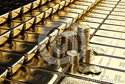 Ingots gold bars stacked aligned with some piles of gold dollar coins Cartoon Illustration