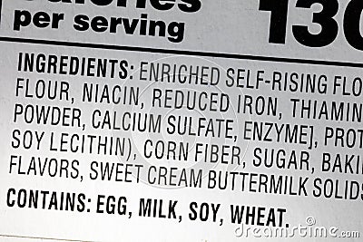 Ingredient food flour soy milk wheat allergy diet label allergen Stock Photo