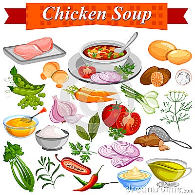 Ingredient for Indian Chicken Soup recipe with vegetable and spices Vector Illustration