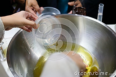 ingredient mixing for making body scrub cream. homemade beauty skincare cosmetic Stock Photo