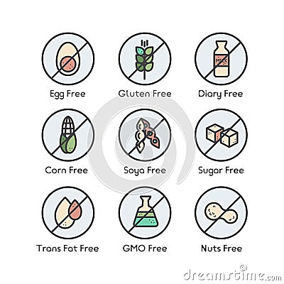 Ingredient Warning Label Icons. Allergens Gluten, Lactose, Soy, Corn, Diary, Milk, Sugar, Trans Fat. Vegetarian and Organic symbo Stock Photo