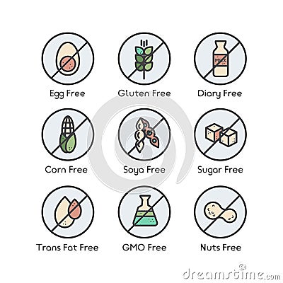 Ingredient Warning Label Icons. Allergens Gluten, Lactose, Soy, Corn, Diary, Milk, Sugar, Trans Fat. Vegetarian and Organic symbol Vector Illustration