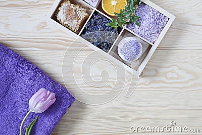 Ingredients for aromatherapy and spa, aromatic sea salt and towels. Natural cosmetics, Spa kit for beauty and health on a white Stock Photo