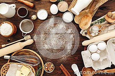Ingredients for baking and kitchen utensils. Flour, eggs, sugar Stock Photo