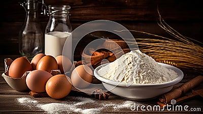 Ingredients for baking, milk butter eggs flour wheat, white wood background, copy space, top view. Generative Ai Stock Photo