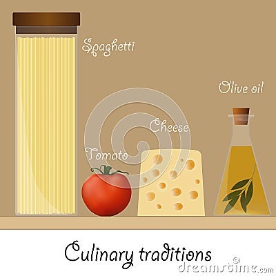 Ingredients for a classic pasta. Spaghetti, tomato, cheese, olive oil. Vector Illustration