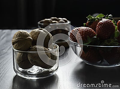 Ingredients for cooking, breakfast, in transparent glass bowls, strawberries Stock Photo