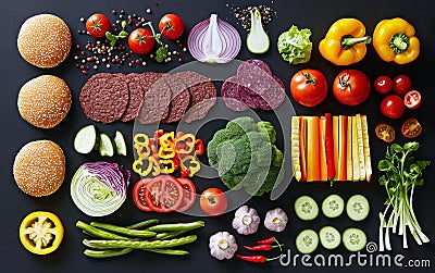 Ingredients for cooking burgers. Top view of delicious hamburger ingredients. Meat, eggs, bacon, fresh vegetables. Generative AI Stock Photo