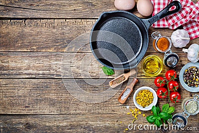 Ingredients for cooking and cast iron skillet Stock Photo