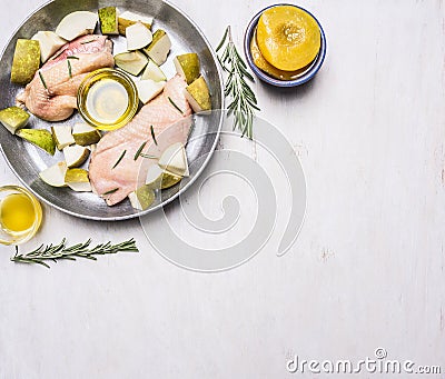 Ingredients for cooking duck breast with fruit, herbs honey frying pan, border ,place for text Stock Photo