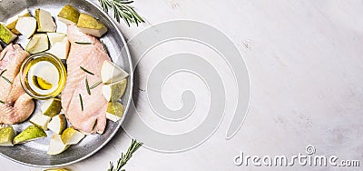 Ingredients for cooking duck breast with fruit, herbs honey frying pan, border ,place for text Stock Photo