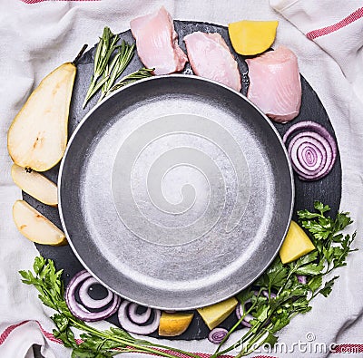 Ingredients for cooking duck breast with fruit, herbs and honey in a frying pan, border ,place for text Stock Photo