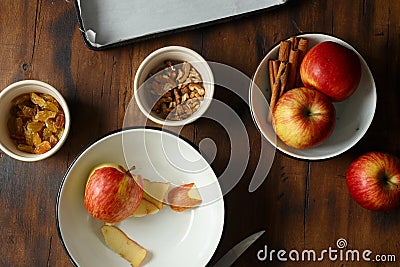 Ingredients cooking stuffing apple strudel Apples raisins cinnamon Stock Photo