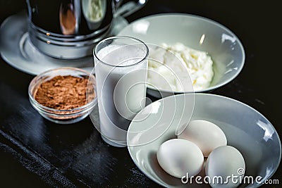 Ingredients for cooking tiramisu pancakes, sweet Stock Photo