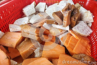 Ingredients for fried glutinous rice cake includes yam and potatoes Stock Photo