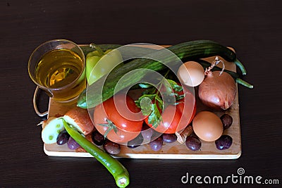 Ingredients of Greek village salad , Mediterranean diet Editorial Stock Photo