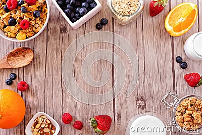 Healthy breakfast ingredient frame over wood Stock Photo