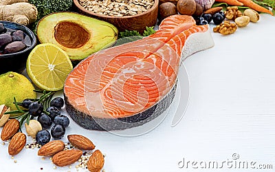 Ingredients for the healthy foods selection. The concept of healthy food set up on white wooden background Stock Photo