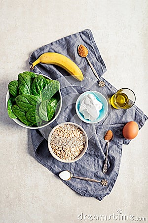 Ingredients for healthy green pancakes Stock Photo