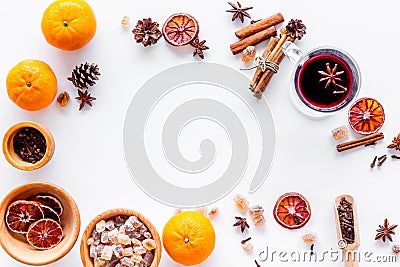 Ingredients mulled wine or grog with spices and citrus for winter evening. Christmas new year eve. White background top Stock Photo