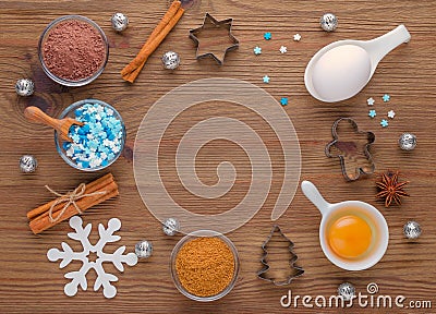 Ingredients and kitchen tools for dessert baking on wooden background Stock Photo