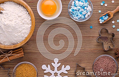 Ingredients and kitchen tools for dessert baking on wooden background Stock Photo