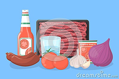 Ingredients for lasagna recipe. Cooking at home Vector Illustration