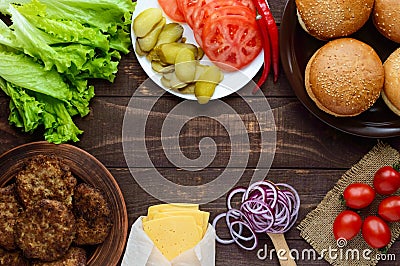 Ingredients for making hamburgers (bread rolls, tomatoes, cucumbers, onion rings, lettuce, pork chops, cheese) Stock Photo