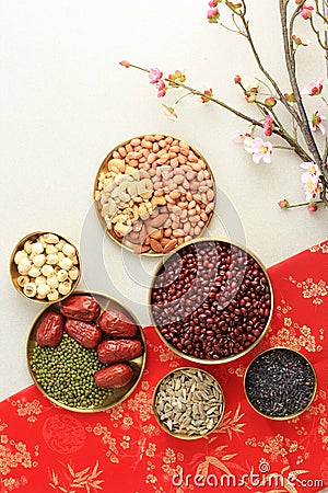 Ingredients Making Laba Porridge, Chinese Traditional Congee Served at Laba Festival. Isolated Stock Photo