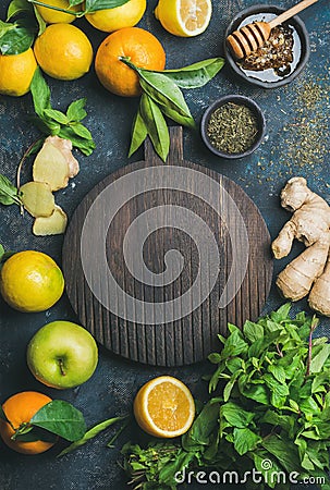 Ingredients for making natural drink, wooden round board in center Stock Photo