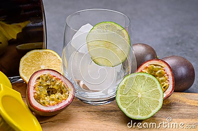 Ingredients for non-alchoholic exotic cocktail made from frech tropical fruits Stock Photo