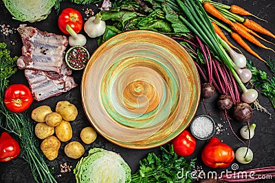 Ingredients for preparing borscht, vegetables for cooking borsch beetroot, cabbage, carrots, potatoes, tomatoes. Ukrainian food Stock Photo