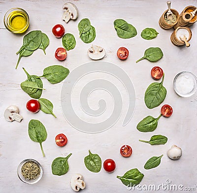 Ingredients for the salad, herbs seasonings, lined frame on a white rustic background, frame, space for text Stock Photo