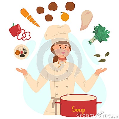 Ingredients for soup recipe, woman in cook uniform, people vector illustration Vector Illustration