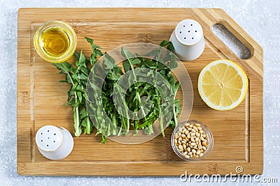 Ingredients for spring dandelion vitamin salad Stock Photo