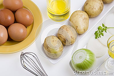 Ingredients for the preparation of a potato omelette., Stock Photo