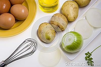 Ingredients for the preparation of a potato omelette., Stock Photo