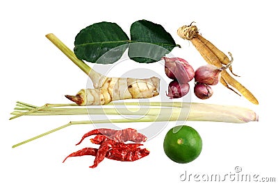 Ingredients thai curry and thai food, hot and sour soup, spicy lemon grass soup : dried chilli, lemon grass, red onion Stock Photo