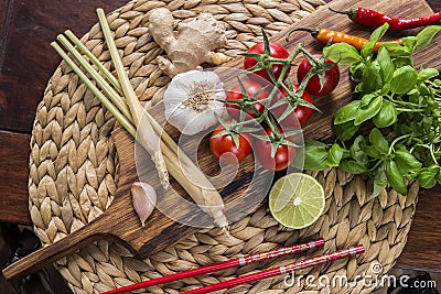 Ingredients for Thai food, lemongrass, ginger, garlic, cocktail Stock Photo