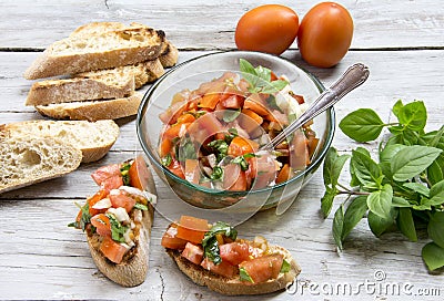 Ingredients to make bruschetta, typical Italian appetize Stock Photo