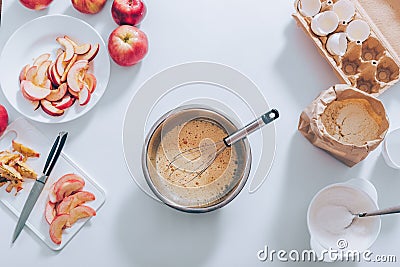 Ingredients and tools for cooking apple pie Stock Photo