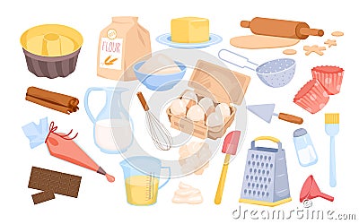 Ingredients, utensils and tools for baking, kitchen collection for cooking bakery recipe Vector Illustration