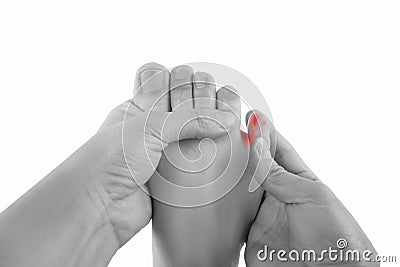 Ingrown toenails on a woman`s foot, isolated on white background, pain in the pinky toe Stock Photo