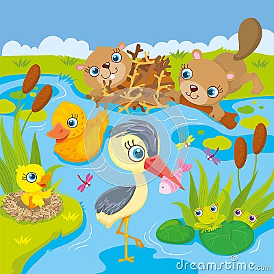 Inhabitants Of Pond And Marshes Vector Illustration