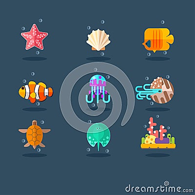 Inhabitants of Sea and Ocean. Flat Vector Illustration Set. Vector Illustration