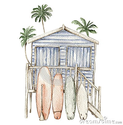 Watercolor beach blue house with palm Vector Illustration