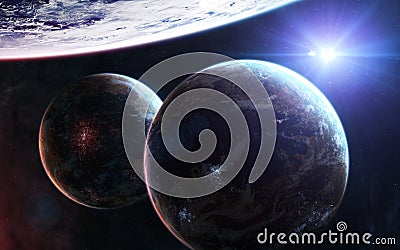 Inhabited deep space planets against background of bright blue star Stock Photo