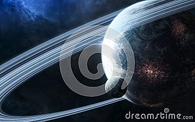 Inhabited planet in deep space with satellite. Beautiful cosmic landscape Stock Photo